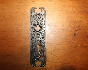 Antique Cast Iron Ornate Escutcheon with Worn Brass Plating S-99