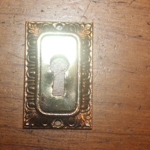 May include: A brass keyhole cover with an ornate design. The cover is rectangular and has a keyhole in the center.