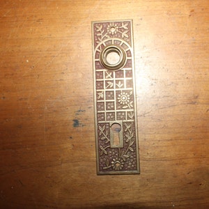 May include: A brass door plate with a floral design and a keyhole. The plate is rectangular and has a raised border. The floral design is intricate and includes leaves, flowers, and a small circle in the center.