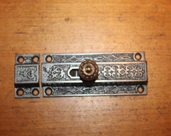 Small Antique Surface Mount Cabinet Pantry Door Slide Bolt Cast Iron/Bronze N-5