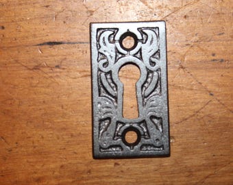 Small Ornate Antique Cast Iron Curio or Furniture Keyhole Escutcheon CC-123