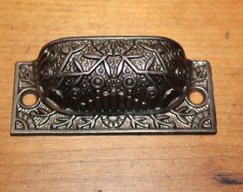 Antique Victorian Cast Iron Detailed Bin Apothecary Cupboard Drawer Pull L-39