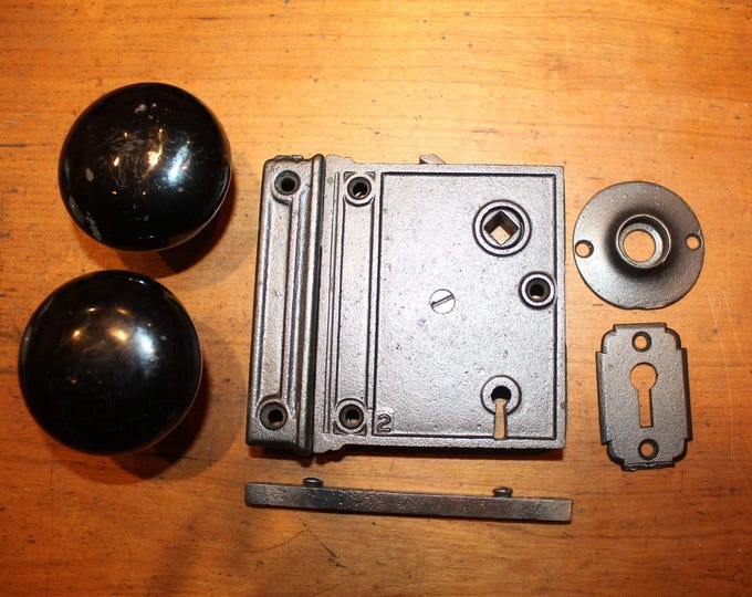 Restored Antique Rim Lock Set With Keeper, Knobs, Keyhole, Rosette X-63 ...