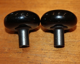 Pair of Black Jet Porcelain Antique Doorknobs with Cast Iron Bases V-17