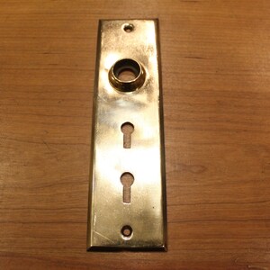 May include: A brass door plate with two keyholes and a round knob.
