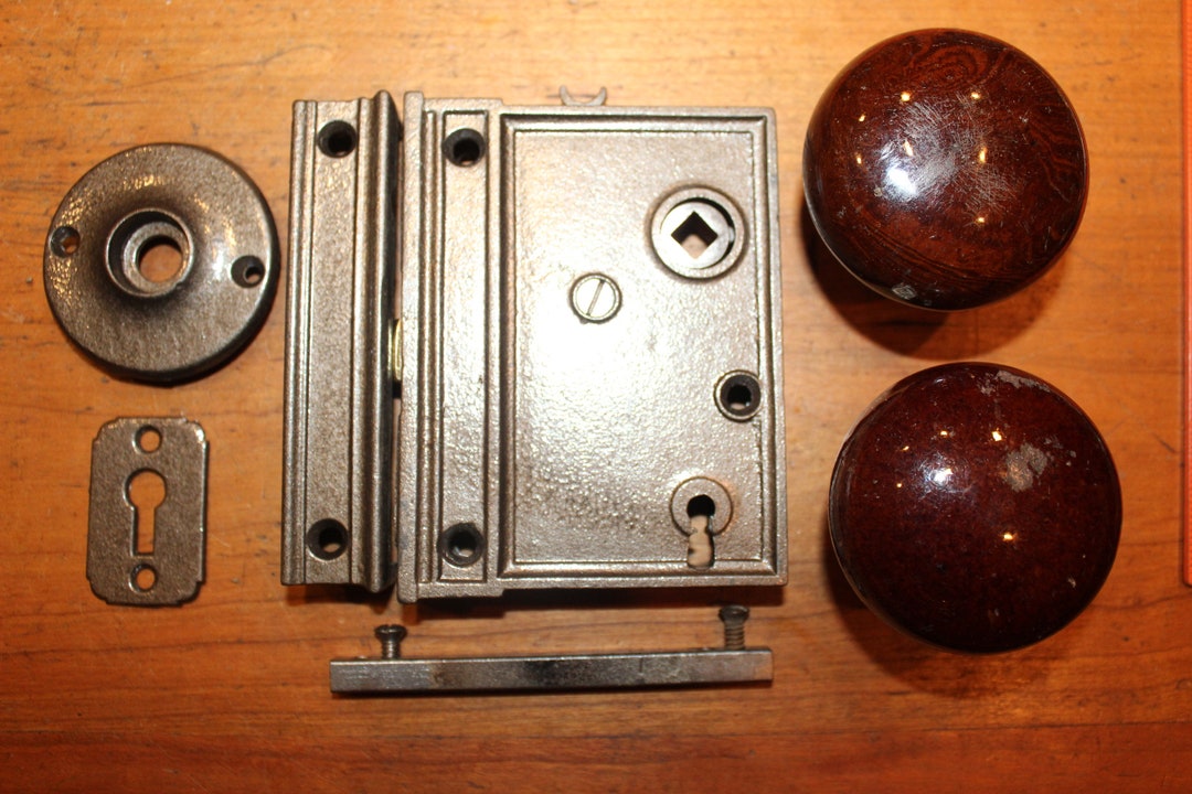 Restored Antique Cast Iron Rim Lock Set With Knobs Keyhole Etsy