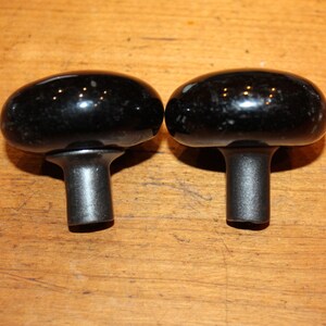 Pair Black Jet Mineral Porcelain Antique 2-1/4" Doorknobs Cast Iron Bases V-3