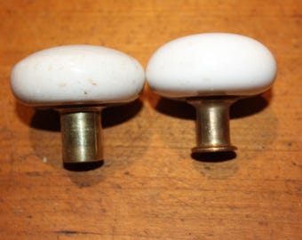 Pair of Antique White Porcelain Rim Lock Doorknobs with Cast Bronze Stems Y-22