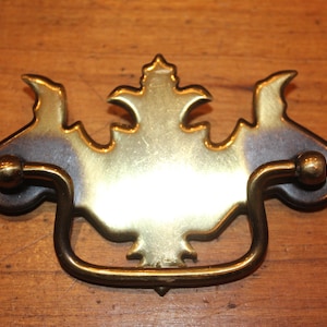 May include: A brass drawer pull with a decorative, ornate design. The pull has a loop handle and a central, stylized floral motif.