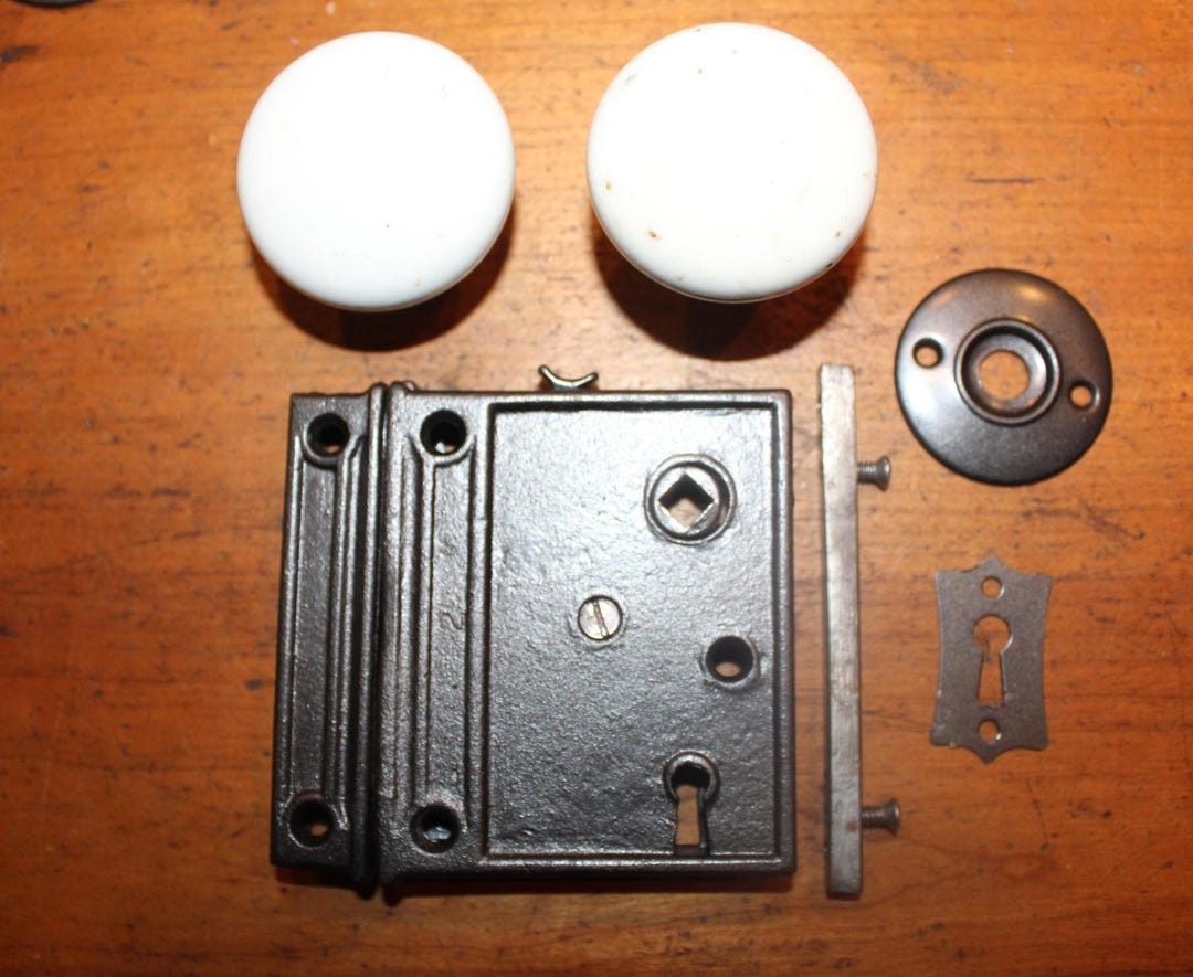 Restored Antique Rim Lock Set With Keeper, Knobs, Keyhole, Rosette R ...