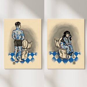 Traditional Tattoo Bathroom Wall Art Canvas Print Man and/or Woman