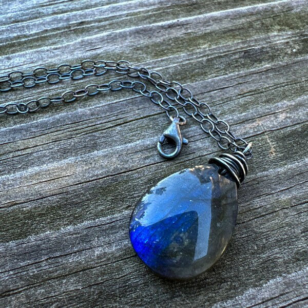 Labradorite Natural Gemstone Necklace  - Flashy Labradorite Teardrop Necklace - Oxidized Sterling Silver Jewelry