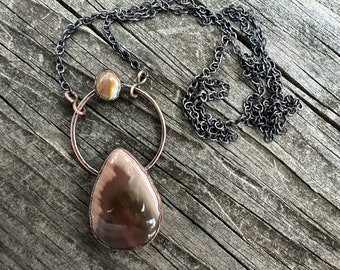 Imperial Jasper & Ocean Jasper Gemstone Electroformed Copper Necklace - Oxidized Copper Jasper Teardrop Neutral Necklace - Boho Style