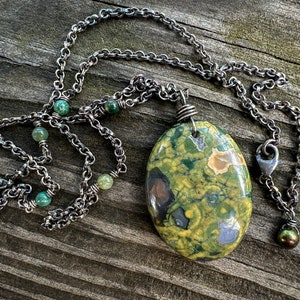 Rainforest Jasper Gemstone Necklace - Natural Green Yellow Rainforest Jasper Pendant Necklace with Agate Beads - Oxidized Sterling Silver