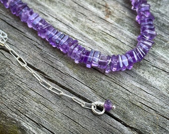 Amethyst Bead Necklace with Sterling Silver Paperclip Chain - Natural Square Ourple Amethyst Gemstone Beads - February Birthstone Choker