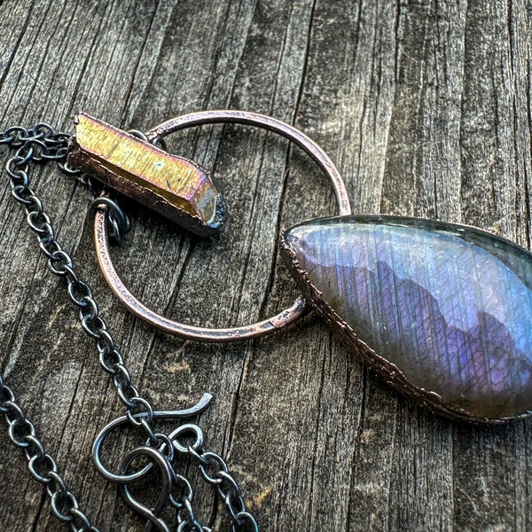 Labradorite and Imperial Quartz Crystal Electroformed Copper Necklace - Oxidized Copper Yellow Quartz & Flashy Labradorite Teardrop