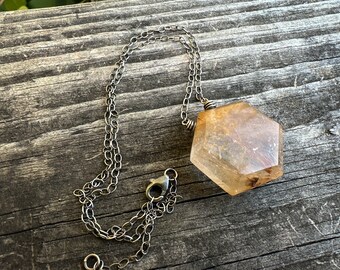 Rutilated Quartz Hexagon Necklace - Natural Rutilated Quartz Gemstone Pendant Necklace in Oxidized Sterling Silver