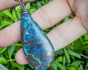 Exceedingly Rare Apache Chrysocolla Pendant Necklace: Oxidized Sterling Silver, Rare Gemstone