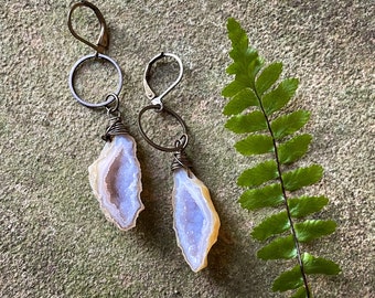 Tabasco Geode Dangle Earrings - Tiny Geode Crystal Drusy Earrings - Natural Gemstone Jewelry - Boho Earrings - Hammered Antique Brass