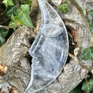 Carved Crescent Moon Clear Quartz Crystal Man in the Moon Moon