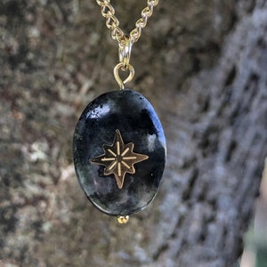 Laverkite (Black Moonstone) pendant necklace with North Star detail, Gold Plated