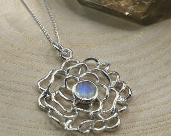 Rainbow Moonstone Sterling Silver Flower Pendant Necklace!  Mothers Day Gift? Valentines