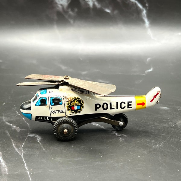 Tin Litho Plate Friction Pocket Toy Police Helicopter w/Metal Blades 1960’s