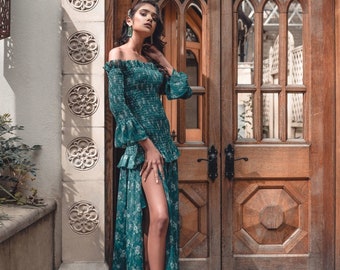 Bottle Green Floral Frill Trim Maxi Dress