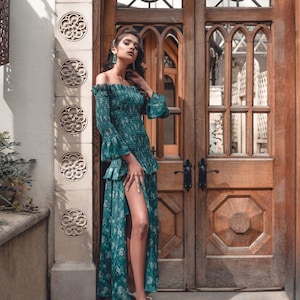 Flasche grün Floral Rüschen Trim Maxi Kleid