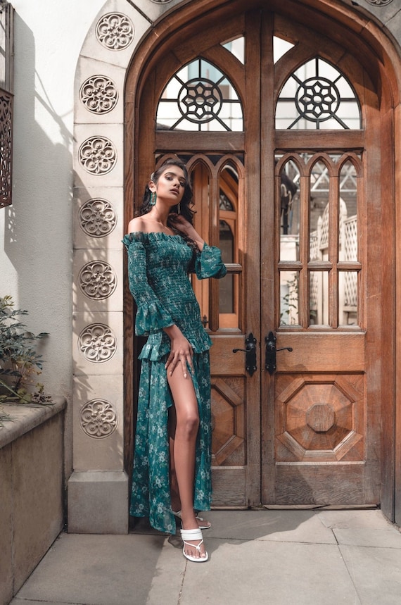 Bottle Green Floral Frill Trim Maxi Dress