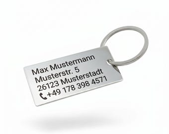 Stainless steel keychain with address / telephone number / contact details - personal engraving label