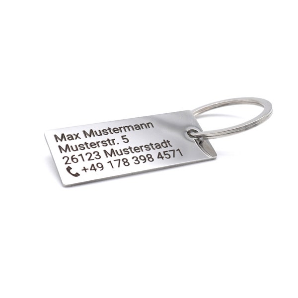 Edelstahl Schlüsselanhänger mit Adresse / Telefonnummer / Kontaktdaten - persönliche Gravur Beschriftung