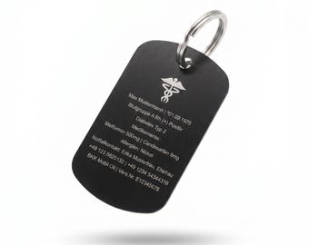 Keyring with emergency information - Emergency contact details - Aluminum pendant - Blood type, medication, etc.