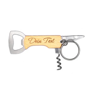Bottle opener / corkscrew keychain with personal engraving - Personalized wooden engraving