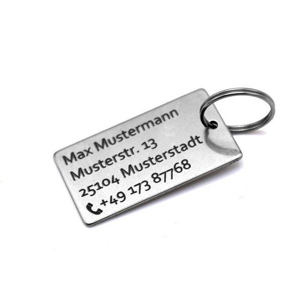 Stainless steel key ring with contact details / address - personal engraving
