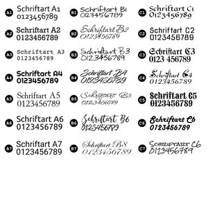 May include: A black and white image showcasing various font styles labeled A1 through C7. Each font is displayed with the text "Schriftart" followed by a letter and number, and a sample of the numbers 0123456789.
