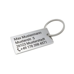 Stainless steel keychain with address / telephone number / contact details - personal engraving label
