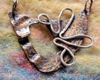 Copper U Shaped Pendant with Silver Accents and a Dainty Copper Chain Necklace