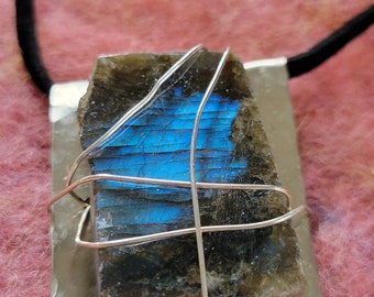 Raw Labradorite Silver Pendant on a Black Leather Suede Cording Necklace
