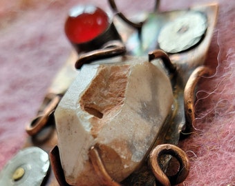 Funky Chunky Red and Cream Stones Pendant with Leather Suede Cording