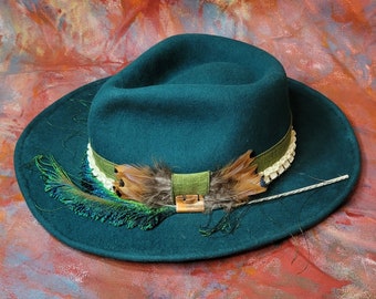 Hand Shaped Emerald Green Fedora Hat with Peacock Feathers head size 23