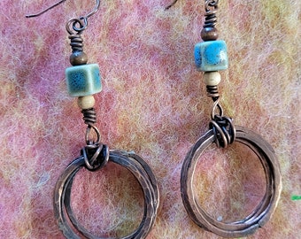 Hammered Copper Ring Dangle Earrings: Ceramic & Wood Bead Statement Jewelry