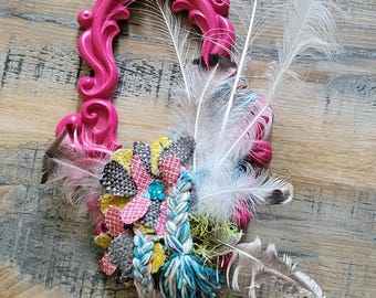 Hot Pink Framed Collage with Fabric and Feathers