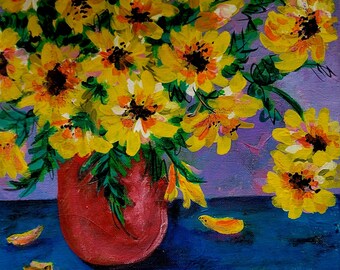 Red Vase of Yellow Daisy Flowers Acrylic Painting