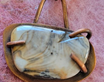 Oval Stone Copper Pendant on a Black Leather Suede Cording Medium Length Adjustable