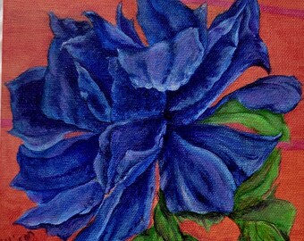 Blue Rose on Orange and Hot Pink Striped Background Acrylic Painting