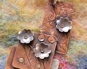 Copper and Silver Layered Necklace with Silver Flowers