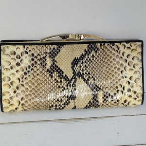 Vintage Snakeskin Clutch Wallet Beige Black Python Pattern Evening Bag Slim Clutch Purse Gold Frame 80s 90s Statement Handbag