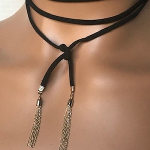 Gold Tassel black velvet choker, Bauble bar Ribbon necklace vintage,Choker collar necklace for women,Tassel black gold choker necklace