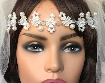 Bridal Pearl Hair Vine, Crystal Flower Headband